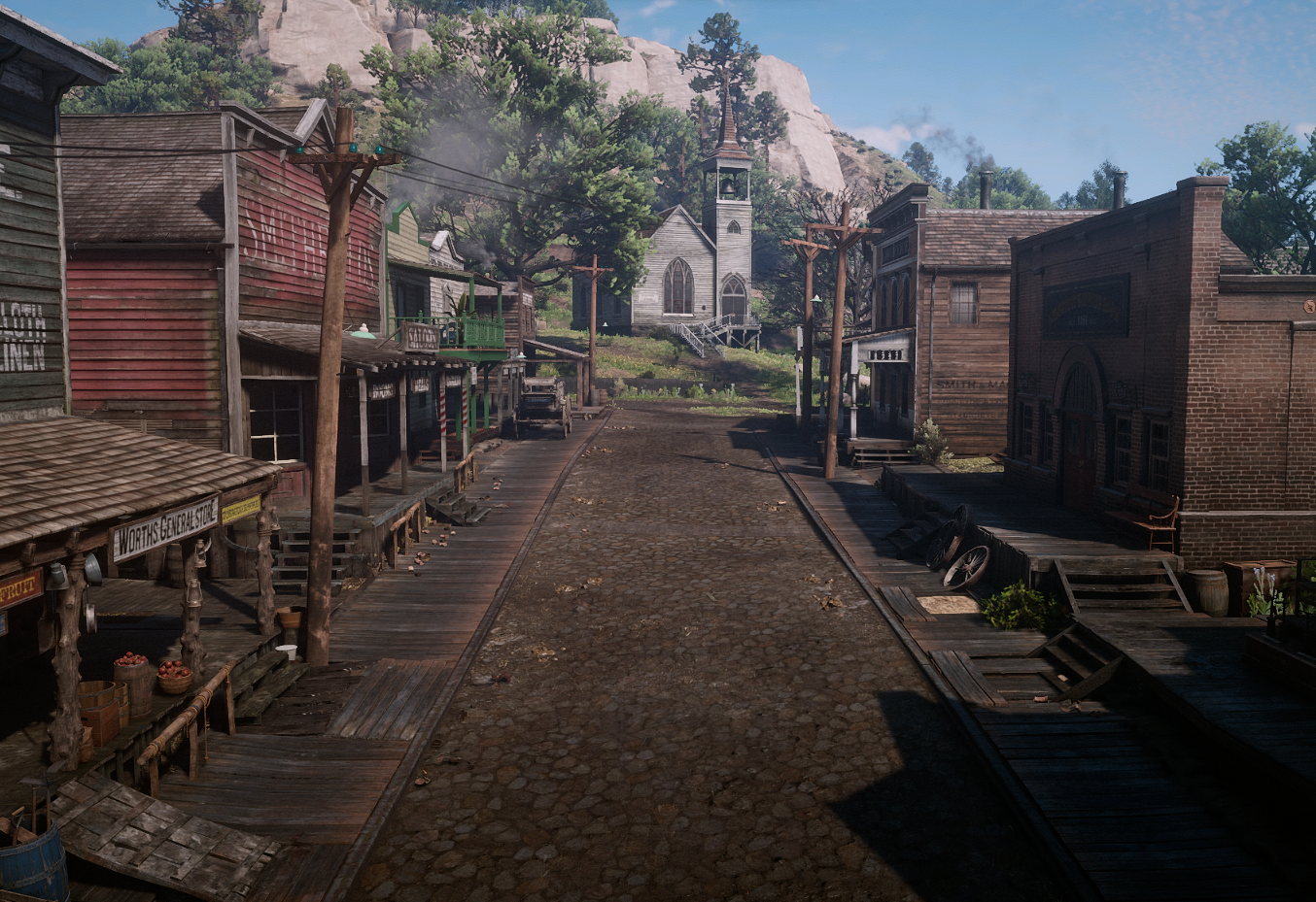 Quiet Montgomery town street beneath a mountain ridge