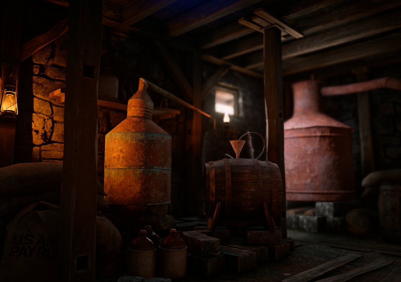 Hidden still and barrels in a dark bootlegging room